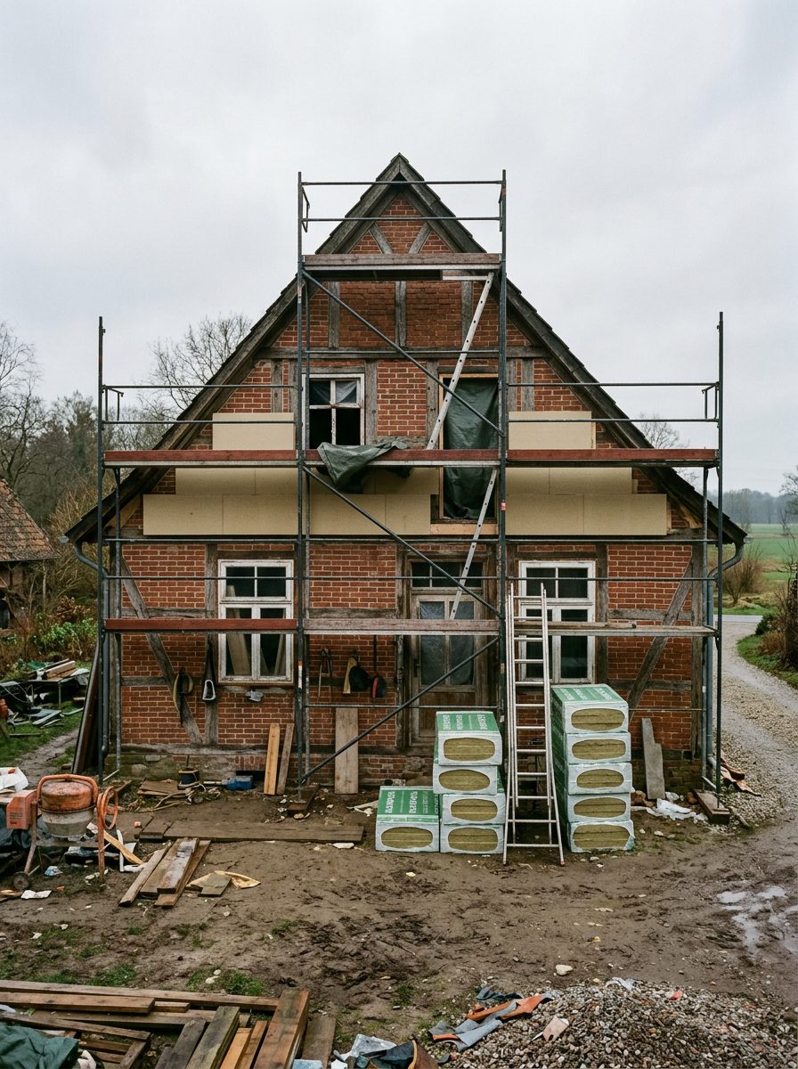 Fachwerkhaus im Gerüst, Dämmplatten gestapelt