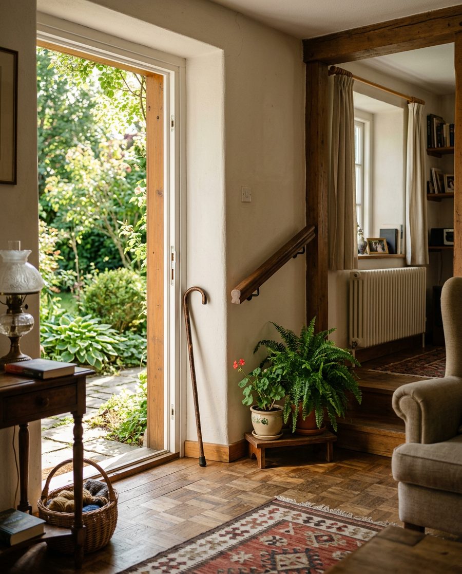 Diele mit Gehstock und Blick in den Garten
