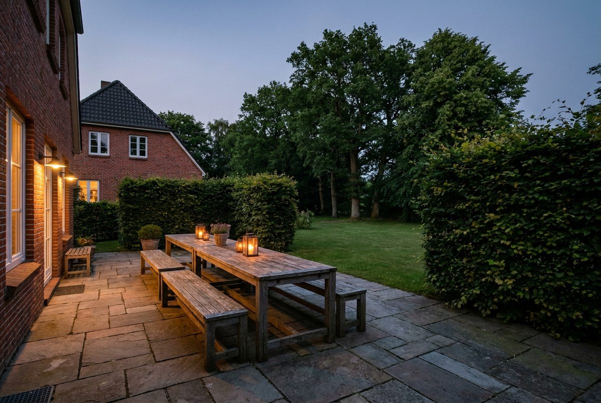 Gartenterrasse mit Natursteinbelag und langer Holztafel in der Dämmerung