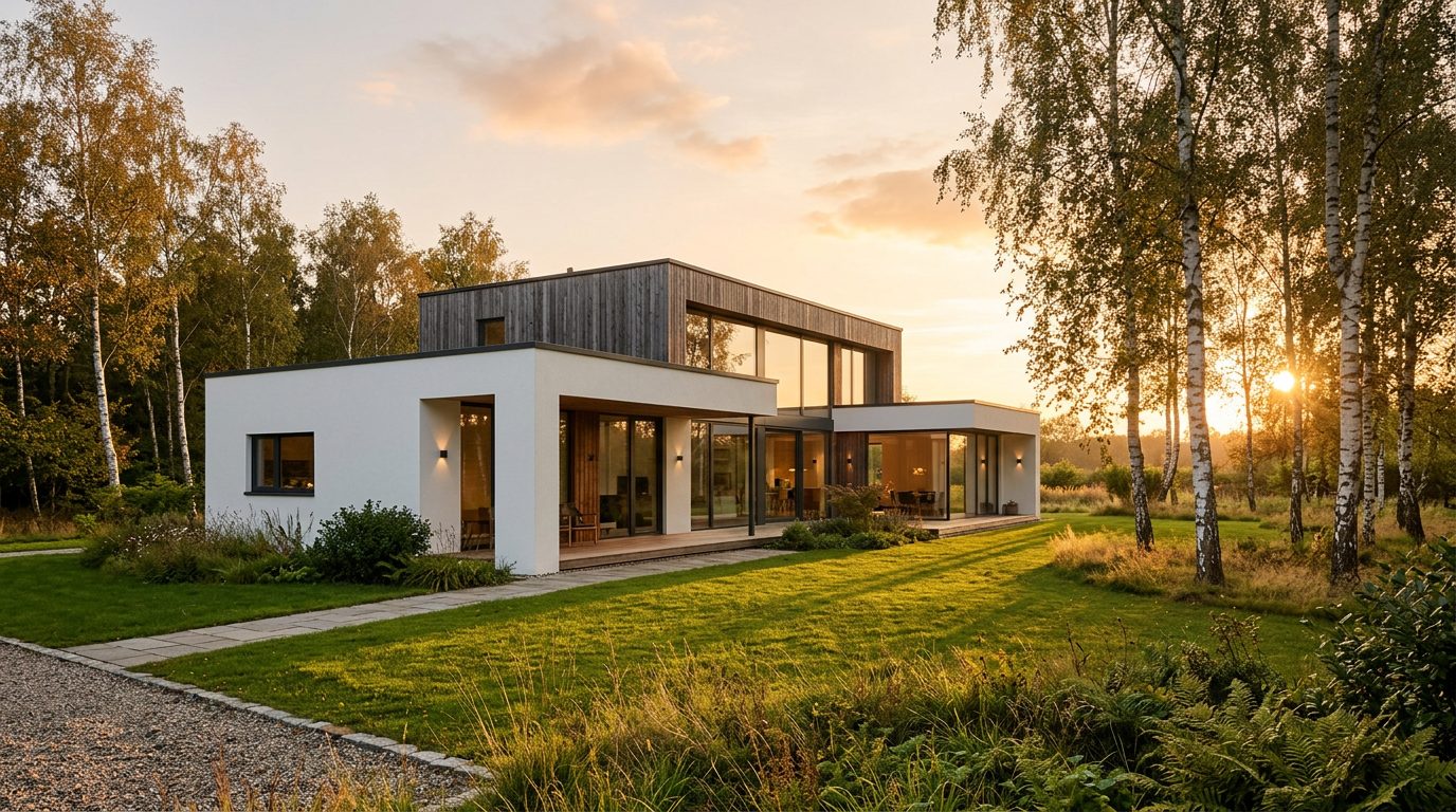 Architektenhaus mit dunkler Holzverkleidung und bodentiefer Verglasung im Abendlicht