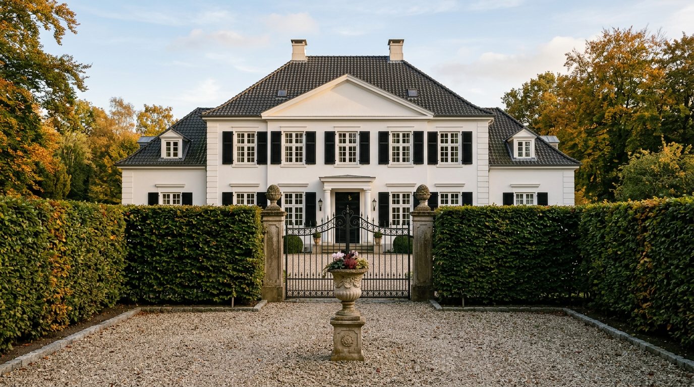 Weiße Landhausvilla mit schwarzen Fensterläden hinter geschnittener Buchenhecke